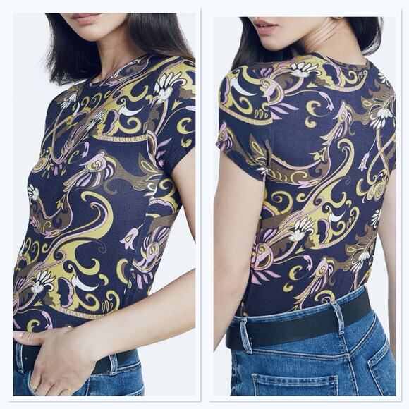 L'Agence Ressi Top Blue Olive Abstract Scarf Print Stretch Knit Blouse Size XS - Picture 2 of 10